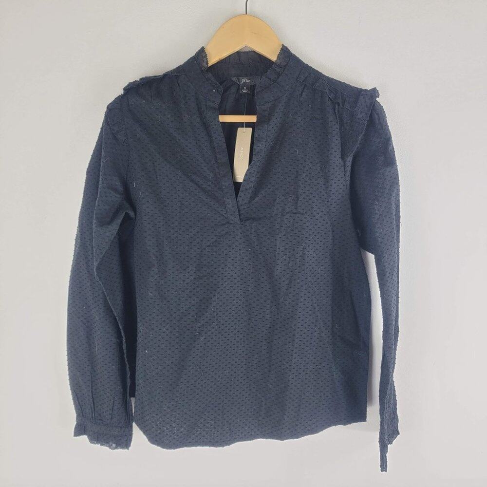NEW J Crew Ruffle Trim V-Neck Popover Clip Dot long Sleeve Black Size S